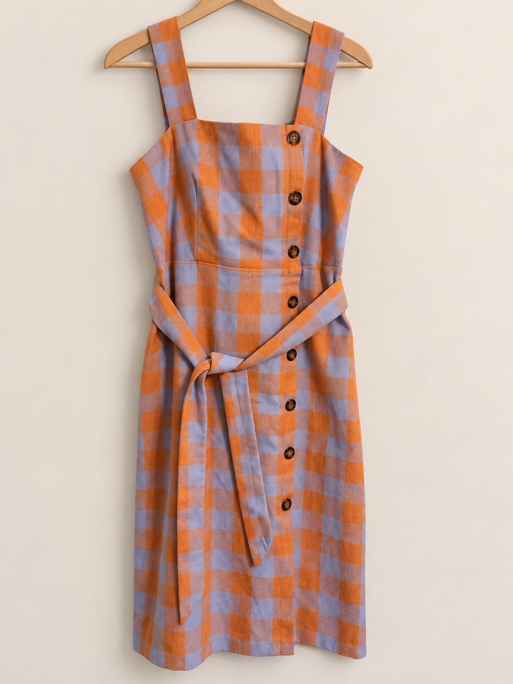 Ann Taylor Orange & Lavender Gingham Plaid Belted Midi Dress Size 8